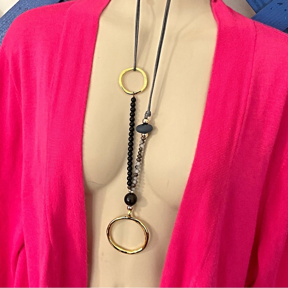 SALE..Gray & Black Circle Necklace. Long.  Circle Pendent